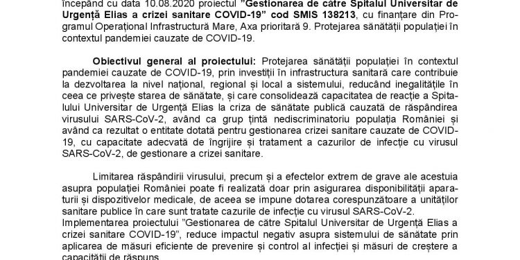 Gestionarea de către Spitalul Universitar de Urgență Elias a crizei sanitare COVID-19